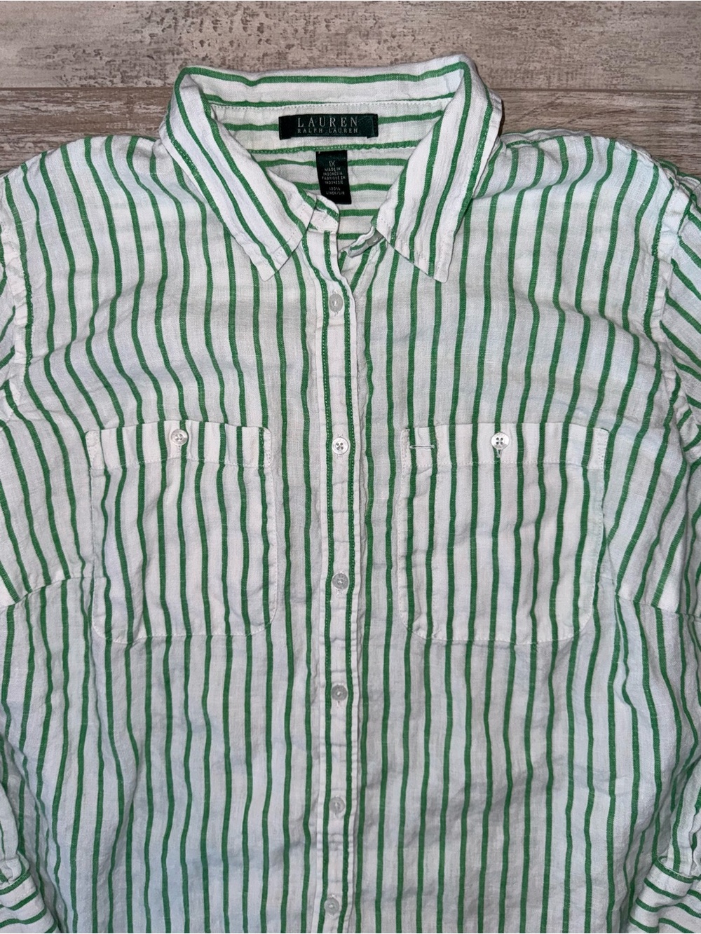 Lauren Ralph Lauren 100% Linen Green White Stripe Button Front Shirt Roll Tab 1X - Picture 3 of 9